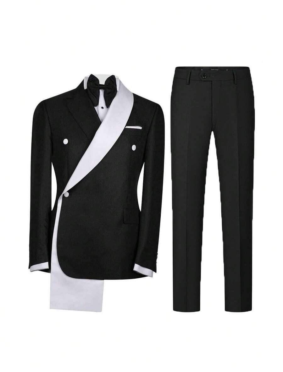Men's Black And White Color-Blocked 2-Piece Suit Set, Unique Design Lapel, Slim Fit Blazer And Pants, Ideal For Weddings, Galas, And Formal Events - 黑色 - 查看 1