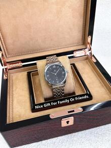 PABLO RAEZ 1pc Original Men's Watch, Stainless Steel Vintage Luxury Charming Business Accessory, 50M Waterproof AAA Watches, Simple Jewelry Calendar Clock, Men's Solid Metal Steel Bracelet Chain, Silver Black Dial With Date, Brand New Casual Fashion Quartz Watch, Men's Steel Roman Numerals And Bar Black High-End Business Watch, Daily Use, Teacher Gift, Time, Father Or Male Friend Birthday Graduation Wedding Gift - Silver - View 5