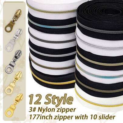 1 conjunto = zíper de 4,5 m + 10 puxadores de zíper, zíper de nylon com dentes de arco-íris nº 3, dentes degradê coloridos, extra longo para zíper de reposição de costura DIY