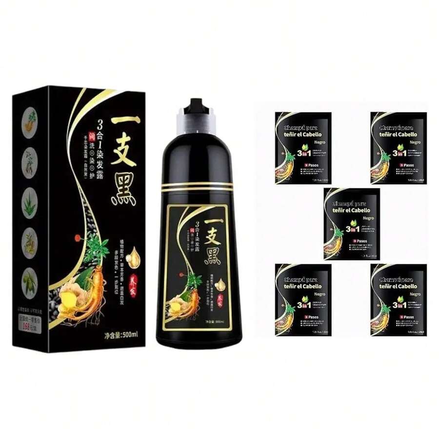 Negro- Shampoo Tinte Instantaneo Para Cabello Cubre Canas Natural Jengibre 500Ml Más 5 Sobres 30Ml C/U (150G) - Champú Instant Hair Color Para Teñir El Cabello 3 En 1 Coloración Con Hierbas Unisex (650Ml) - Negro - Ver 1