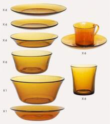 Shoppe house - Set Completo de Vajilla de Vidrio Templado 44 Piezas: Incluye 1 Plato Redondo Profundo (28 cm), 1 Ensaladera (23 cm), 6 Bowls Pequeños (10,5 cm), 6 Platos Hondos (19,5 cm), 6 Platos de Postre (19 cm), 6 Platos Llanos (23,5 cm) y más - Ambar - Ver 3