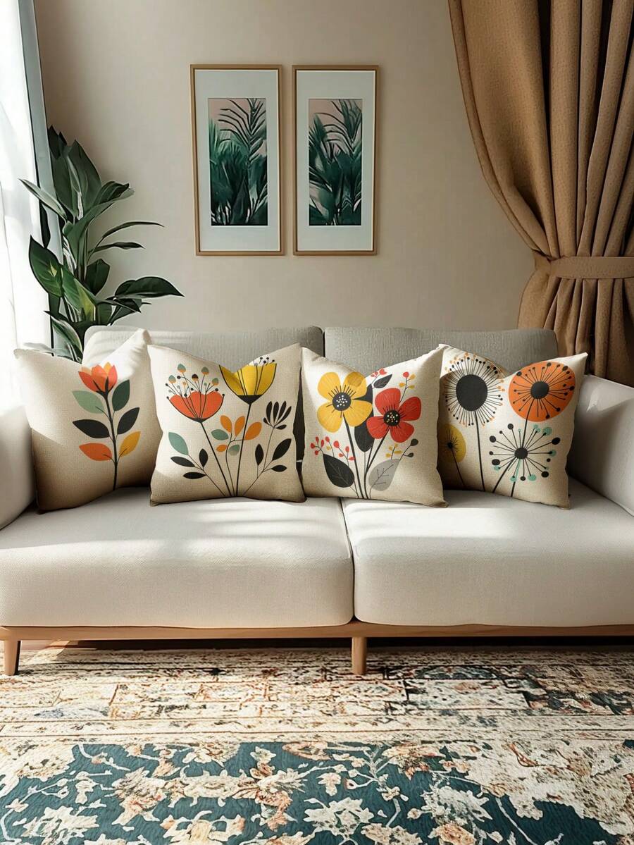 4 件套几何花卉图案抱枕套，18x18 英寸 - 沙发和卧室装饰靠垫套，带拉链，可机洗，黄色 - 黃色 - 查看 1