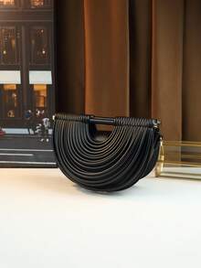 面条设计手提包，饺子形女士斜挎包，马鞍包 - 黑色 - 查看 3