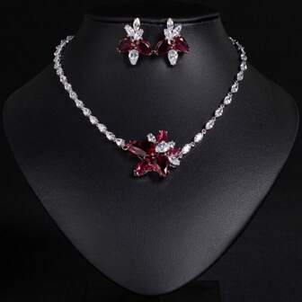 3 Pcs Women Silver Jewelry Set, Elegant Floral Earrings + Necklace Combo Jewelry, Suitable For Ladies Festival Party, Wedding Event Wear, Gift (Multi-Color Available)