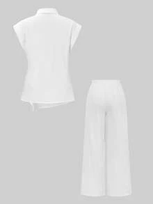 LilyHouse 女士夏季套装，系带无袖打结上衣搭配休闲直筒裤，适合日常通勤/商务/办公场合，情人节穿搭，春季白色 - 白色 - 查看 5