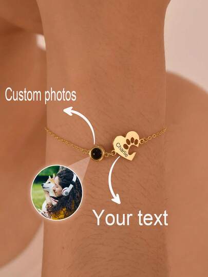 Customized Photo Engraved Stainless Steel Name/Paw Print Bracelet With Projection, Personalized Pet Memorial Jewelry, Elegant Bracelet For Dog Moms, Suitable For Daily Wear, Gift, Birthday, Anniversary, Party, Wedding, Graduation, Holiday, Pet Lover