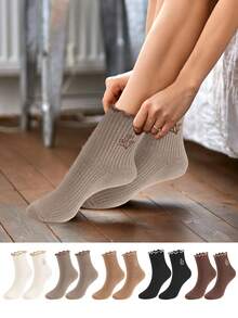 Women Cotton Super Thin Frilly Ruffle Socks Boat Socks Ankle Short Socks - 棕色 - 查看 1