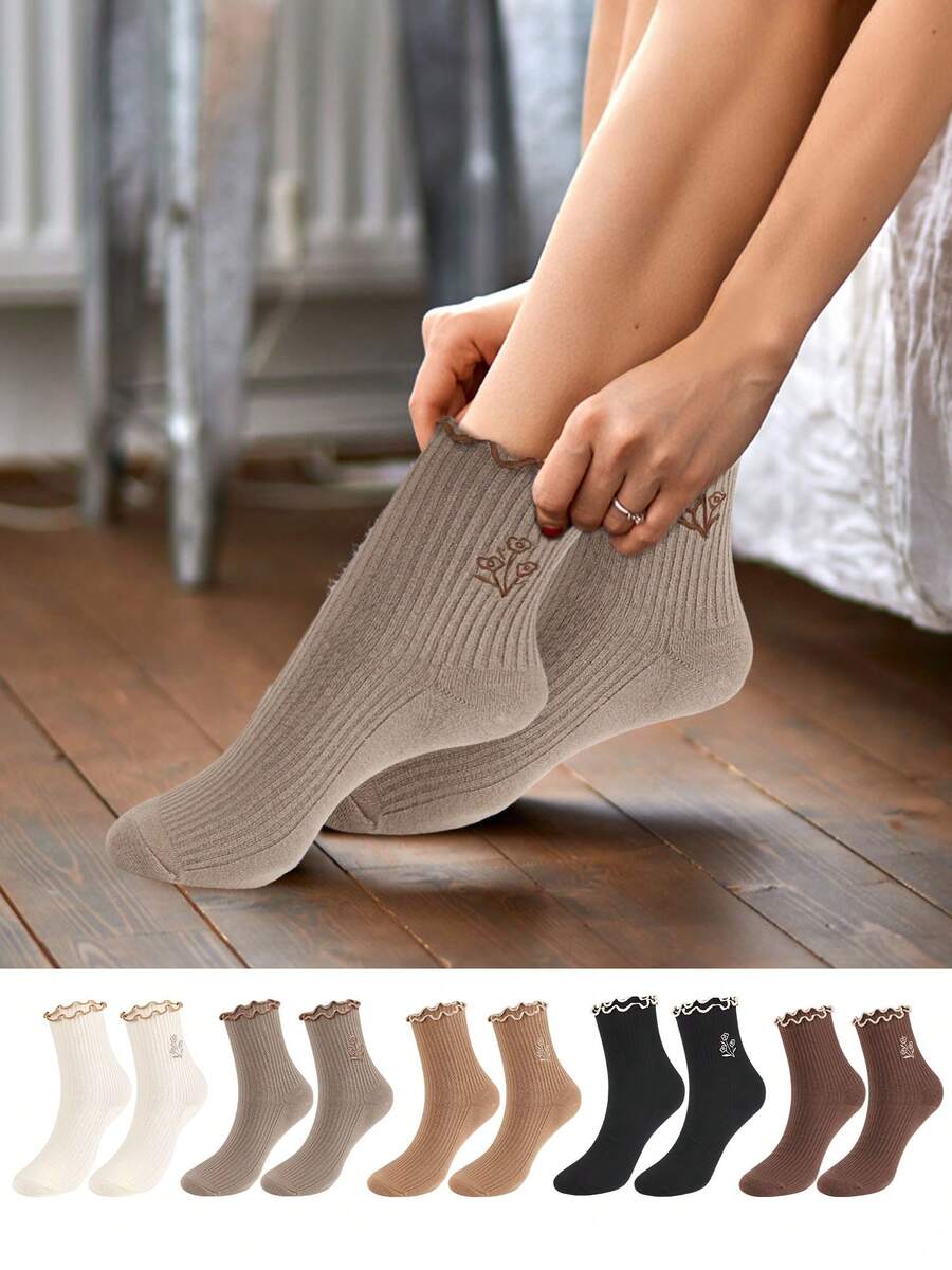 Women Cotton Super Thin Frilly Ruffle Socks Boat Socks Ankle Short Socks - 棕色 - 查看 1
