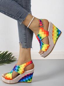 Women's Rainbow Print Bohemian Wedge Thick Bottom Sandals, Open Toe Beach Shoes, Platform Anti-Skid Outdoor Casual Slippers, Fashion Summer Adjustable Buckle Chunky Heels Slide Shoes, Multi-Color Floral Clubwear