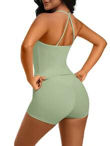 1 Pack Summer Women's Open Back Tracksuit Set Camisole Top High Waist Yoga Shorts Quick Dry Set Is Suitable For Holidays, Travel Work, Sports Wear - 綠色 - 查看 4