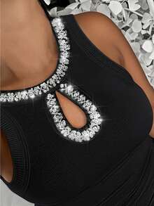 ChicMe Plus Size Women Rhinestone Hollow Out Round Neck Sleeveless Tank Top Ribbed Top Casual Comfy Basic Top For Daily Date Wear