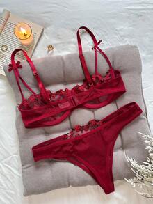Valentine's Day Women's Romantic, Sexy And Charming Red Lace Flower Embroidery Lingerie Set - 酒紅色 - 查看 7