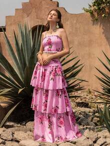 Faeriesty BohoBloom 波西米亚风女士两件套：荷叶边吊带背心和多层长裙 - 适合海滩度假、周末休闲、野餐、夏日漫步 - 西瓜粉 - 查看 4