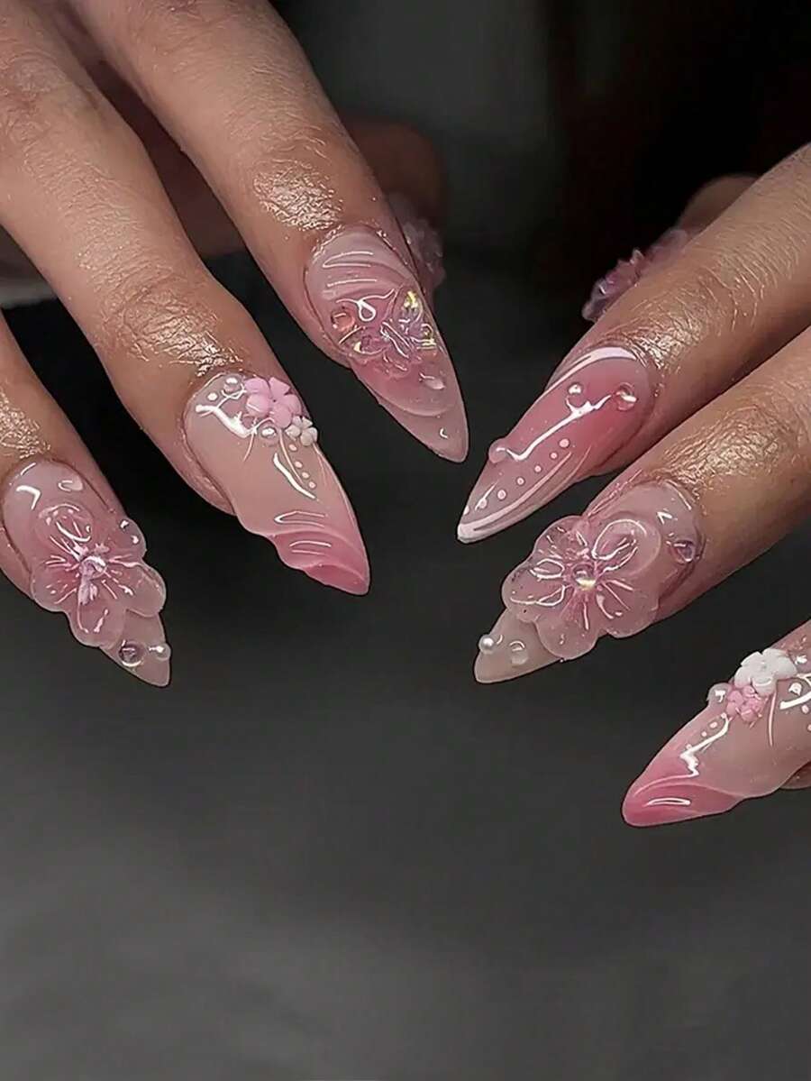 10 件 Xs/S/M 粉色按压指甲带饰中号杏仁假指甲 3D 手工指甲，蝴蝶贴指甲可爱法式指甲按压杏仁形丙烯酸指甲女士日常佩戴美甲用品指甲 - 粉色 - 查看 1