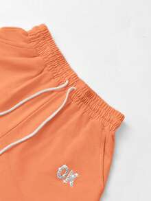 短袖短褲套裝-水果橙子 柚子片圖案，立體燙鑽ok字母，女士 圓領 合身 短袖 夏季上衣,，100%棉質T卹，舒適日常 休閒女裝，ins風，外出度假 - 紫色+橙色 - 查看 5