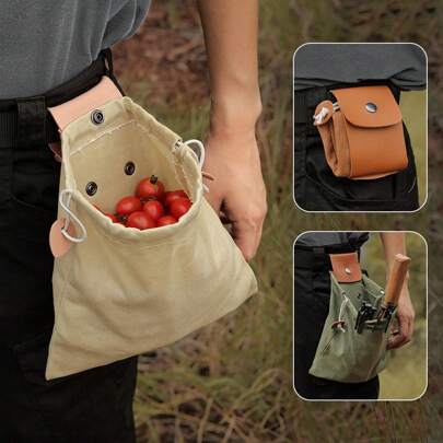 1pc Outdoor Foraging Bag, Fruit Picking Pouch, Waist Hanging Tool Bag, Drawstring Canvas Tool Storage Bag