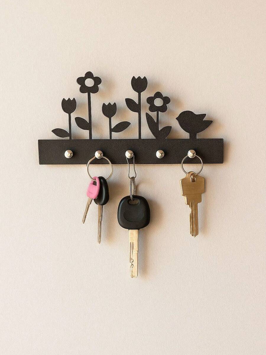 Birds And Flowers Key Holder In Black MDF - 黑色 - 查看 1