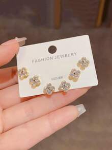 3 对奢华 925 银四叶草耳钉，微镶嵌方晶锆石，适合女性日常佩戴珠宝礼物 - 金色 - 查看 3