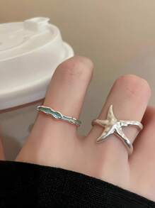 1 Set Of 2pcs Fashion Chic Starfish Open Ring Adjustable For Women, Suitable For Daily, Festival And Holiday Wear