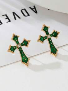 1 对时尚珐琅镶嵌水晶十字架耳环，适合女士佩戴，优雅百搭，适合日常佩戴，适合所有季节