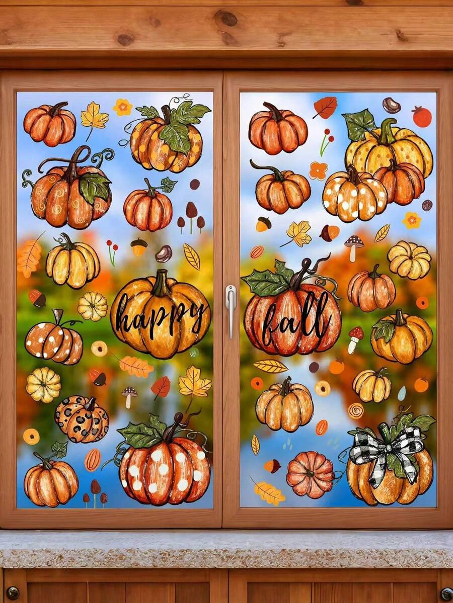 6 Sheets Fall Window Clings, Fall Pumpkin Glass Window Clings, Fall Decorations For Home, Fall Pumpkin Leaves Window Stickers Decor For Autumn Home Decor, Thanksgiving Fall Window Clings. - Multicolor - View 1