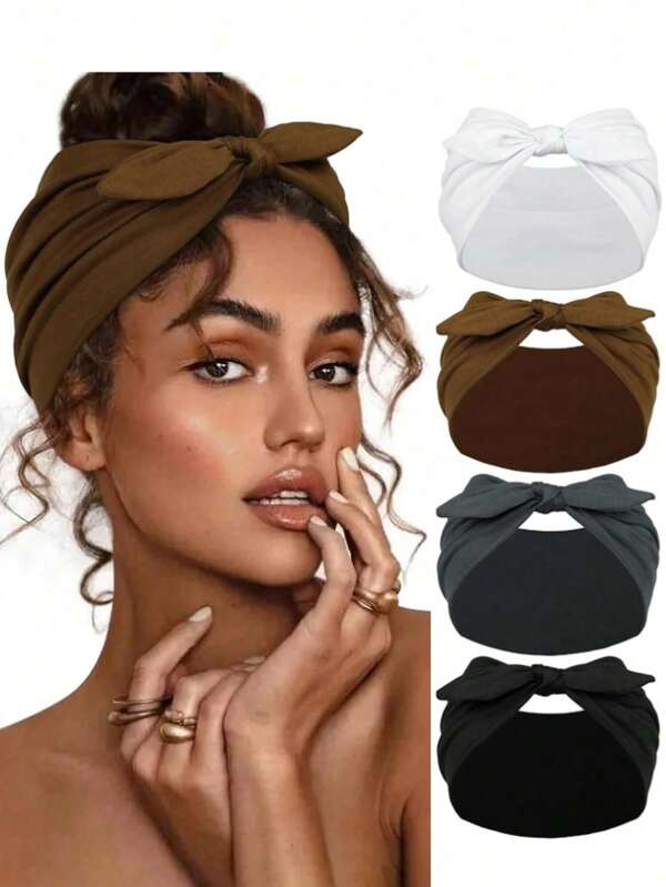 4 peças/1 conjunto de tiaras de orelha de coelho, tiaras esportivas de ioga estilo europeu e americano, tiaras de coelho de maquiagem simples de cor sólida para mulheres, fofas e doces, faixas de cabelo com laço elástico