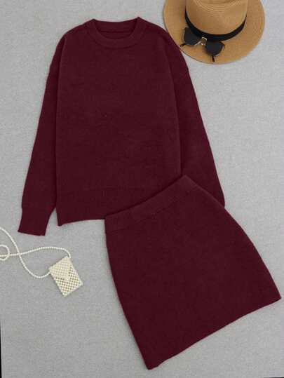 Women's Autumn And Winter New Fashion Pullover Popular Simple Solid Color Drop Shoulder Long Sleeve, Round Neck, Sweater Pullover And Skirt, Long-Termism, Commuting, Slouchy Style, Daily, Vacation, Casual, Elegant, Wear, Elastic, Outdoor, Retro, Simple, Valentine's Day Gift, Women's Contrast Color Sweater Pullover And Skirt