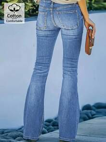 Jeans acampanados de tiro medio azul medio lavado con estilo sexy para uso diario, versátil, pantalones vaqueros retro - Azul lavado medio - Ver 2
