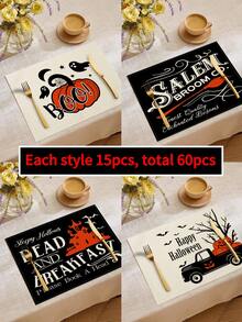 4 piezas/6 piezas/60 piezas Individuales de Halloween, individuales de lino con diseños de fantasmas de dibujos animados, castillos, arañas, murciélagos y letras, resistentes a la suciedad, aplicables para el hogar, restaurantes, decoración de mesa de comedor, artículos del hogar