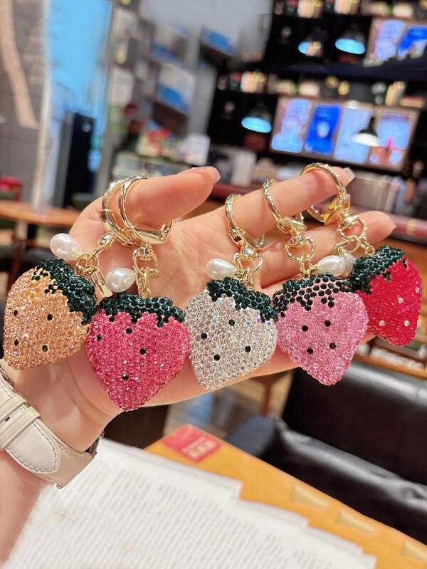 1 Pc Bling Rhinestone Strawberry Keychain Accessories, Cherry Handbags Purse Keychain Decoration Pendant Charm