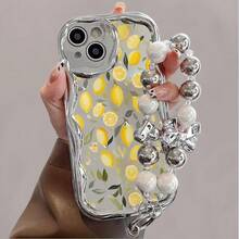 Funda para teléfono 1 teléfono móvil con patrón plateado de galvanoplastia de limón, diseño de cordón de pulsera de perlas, adecuado para 16 Pro/ 16 Plus/ 16 Pro/ 16/ 15 Pro/ 15 Plus/ 15 Pro/ 15/ 14 Pro/ 14 Plus/ 14 Pro/ 14/ 13 Pro/ 13 - Plateado - Ver 1