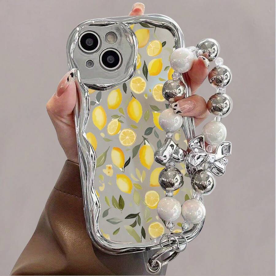 Funda para teléfono 1 teléfono móvil con patrón plateado de galvanoplastia de limón, diseño de cordón de pulsera de perlas, adecuado para 16 Pro/ 16 Plus/ 16 Pro/ 16/ 15 Pro/ 15 Plus/ 15 Pro/ 15/ 14 Pro/ 14 Plus/ 14 Pro/ 14/ 13 Pro/ 13 - Plateado - Ver 1