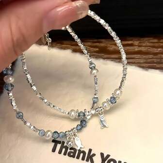 New Summer Blue Beaded Silver Small Fish Sterling Silver Bracelet Niche Design Simple Personalized Versatile