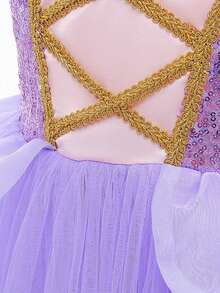 少女优雅紫色网纱亮片短袖连衣裙