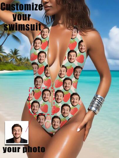 1 pieza Traje de baño personalizado para mujer, con diseño facial personalizado, traje de baño con espalda descubierta y cierre, traje de baño de cintura alta sin mangas, sexy y muy juvenil, para piscina, playa, vacaciones, ropa de baño para niñas