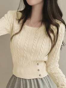 韩版休闲秋冬麻花针织毛衣，单排扣方领纯色套头衫，女士 - 乳白色 - 查看 2