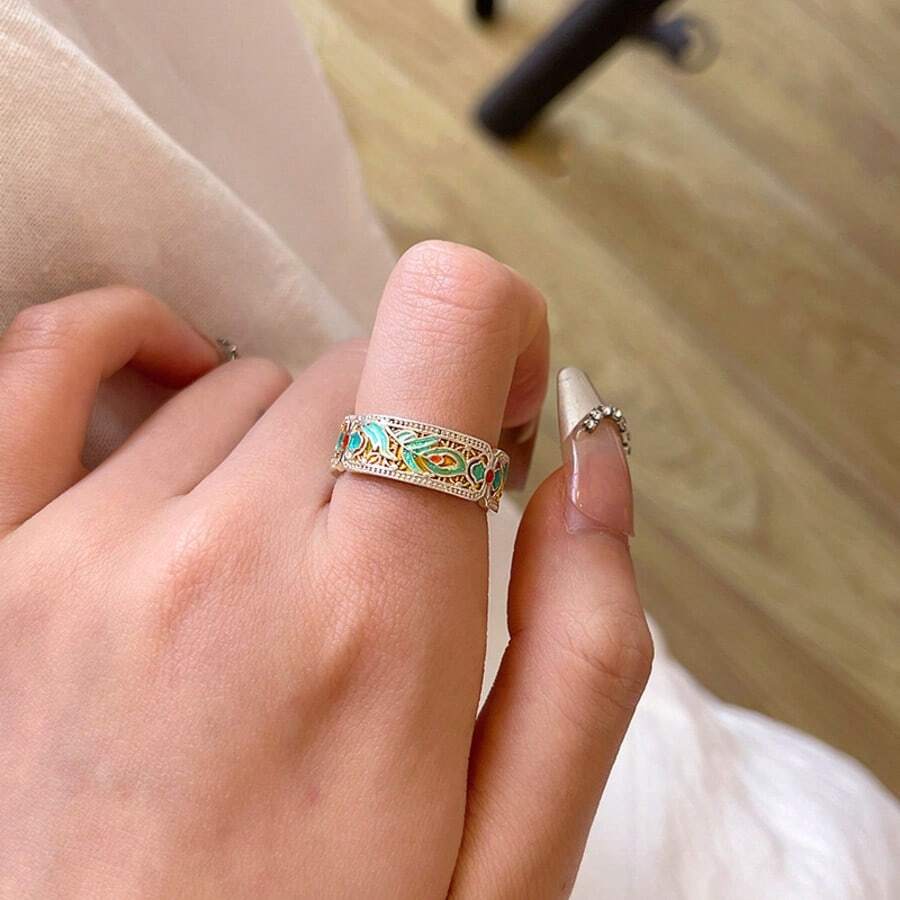 1 件宫廷风金凤凰羽毛戒指女士珐琅彩滴油印花开口可调节戒指