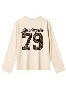 1pc Tween Girls Digital & Cherry Leopard Print Long Sleeve T-Shirt, Casual, Spring/Autumn, Fashion Warm Comfortable Style For Young Students & Teenagers