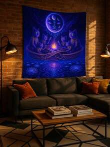 1Pc Mystic Cat Tapestry, Cosmic Cats Wall Art, Spiritual Fire Circle Room Decor,Celestial Feline Tapestry, Moonlit Scene Home Decor,Olyester Fiber Material,For Bedroom,Study,Dormitory,Living Room,Restaurant,Bar,Corridor,Studio,Etc,Frameless