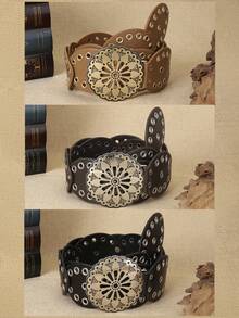 1pc Women's Street Style Western Boho Chic Heavy Metal Oval Patchwork Gold Lace Hollow Circle Buckle Rivet Waist Decoration Waist Belt Fashion Dress Accessory, Suitable For Various Gatherings, Parties, Casual Occasions Fall, Autumn, Halloween - Splicing - View 9