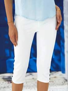 女士休闲弹力七分裤，抽绳腰紧身打底裤，弹力腰宽松版型裤，春夏款 - 白色 - 查看 3