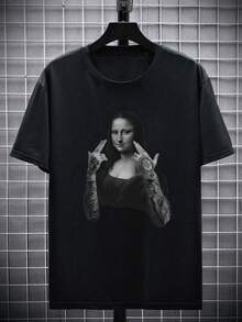 Áo thun nam cổ tròn tay ngắn in họa tiết Mona Lisa cỡ lớn, mùa hè - màu đen - Xem 2