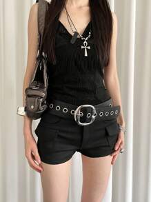 1 curea de talie reglabilă din piele artificială, stil punk negru pentru femei, culoare solidă