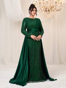 YISIKADO Plus Size Women Formal Party Evening Gown Luxurious Elegant Sequin Contrast Satin Modest Long Sleeve Dress Birthday Banquet Graduation Dinner Ball Ceremonial Dress - 墨綠色 - 查看 3