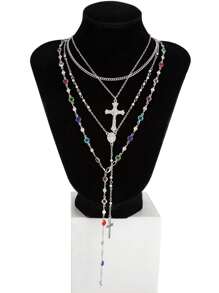 4pcs/Set Layered Summer Bohemian Cross & Virgin Mary Beaded Necklace, Suitable For Vacation, Prayer, Baptism Wearing