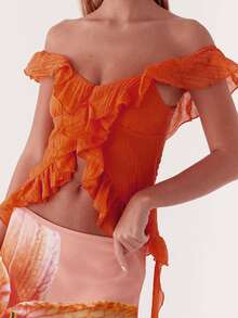 Women Off Shoulder Tops Ruffle Trim Solid Color Backless Showing Navel Shirts Summer Streetwear - 橘色 - 查看 5