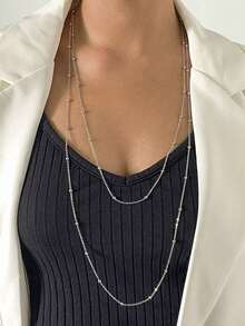 1 件女士时尚长金属串珠链项链，多层百搭毛衣链