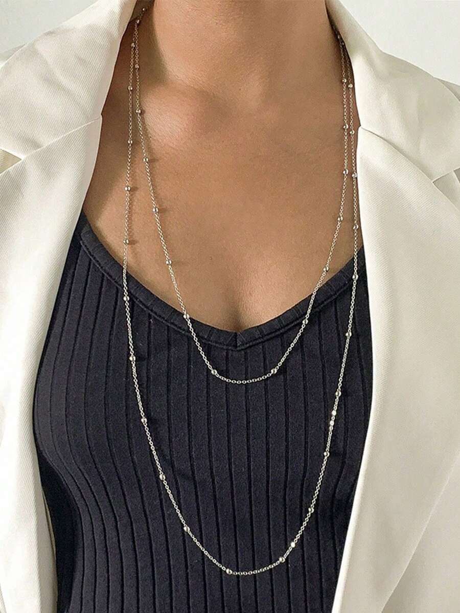 1 件女士时尚长金属串珠链项链，多层百搭毛衣链