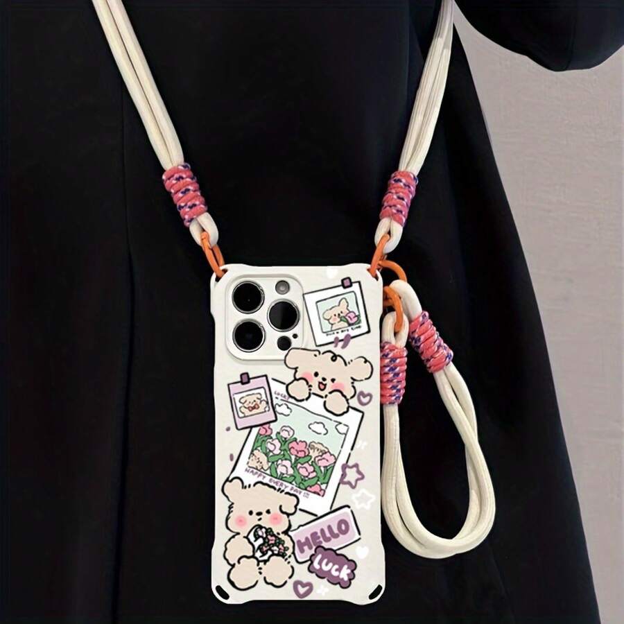 Funda para teléfono 1 unidad con diseño de osito de peluche y cordón para colgar en las cuatro esquinas. Funda protectora portátil que se puede colgar del cuello o la espalda. Suave y compatible con phone 12, 13, 14, 15, 16 Pro y Pro Plus. - Blanco - Ver 1