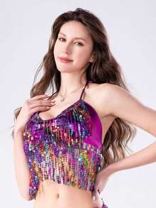 Costume da ballo del ventre con frange e paillettes, costume da cantante con schiena scoperta adatto per discoteca e bar